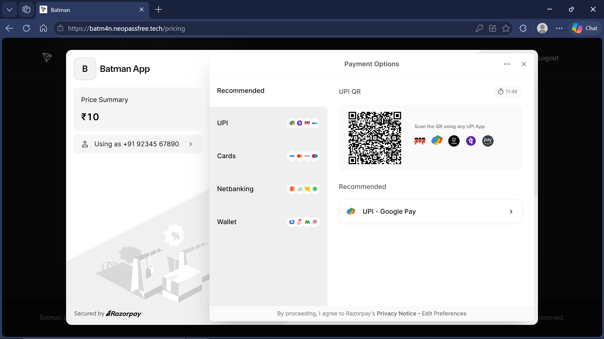 Payment options popup with QR code and UPI apps