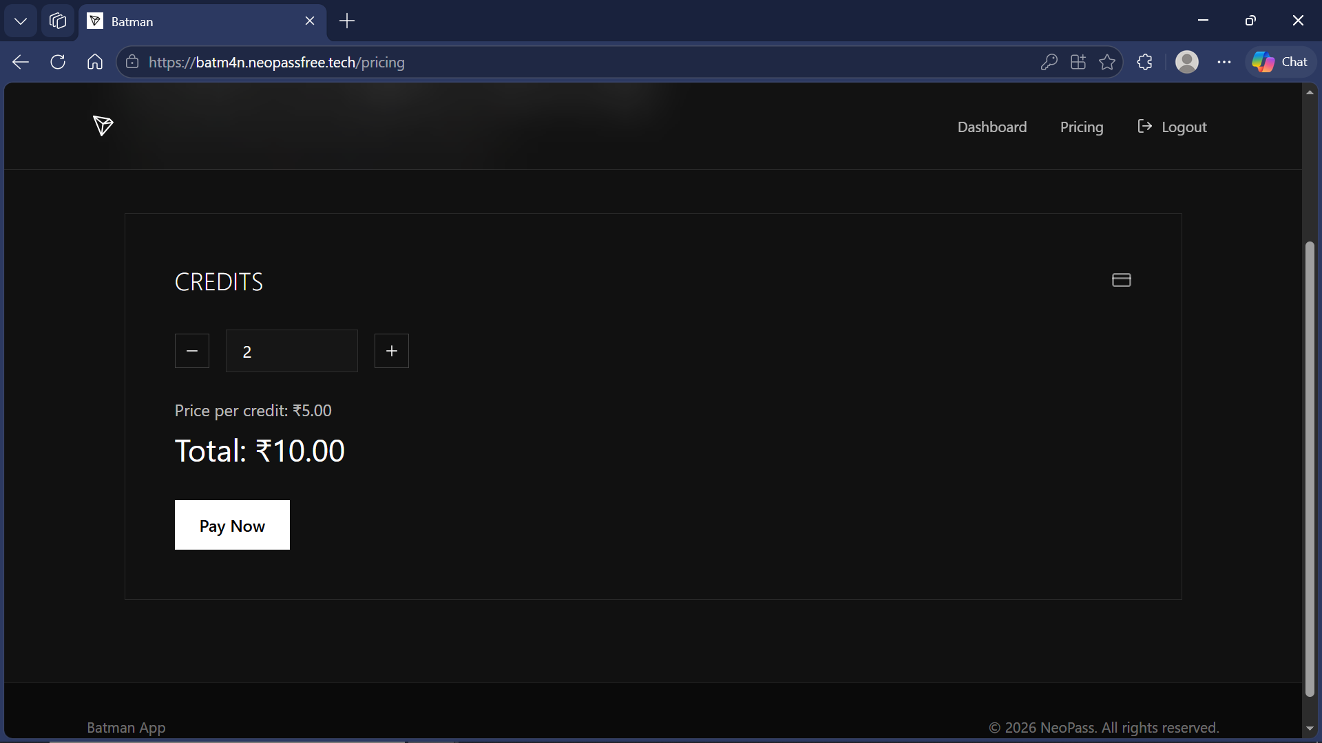 Pricing page with credits selector and Pay Now button