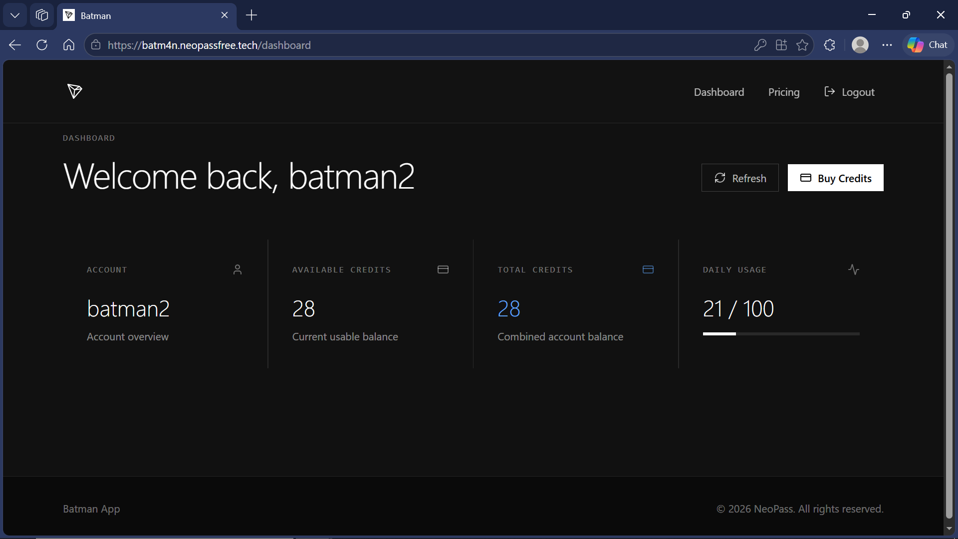 Batman dashboard showing account and credit balance