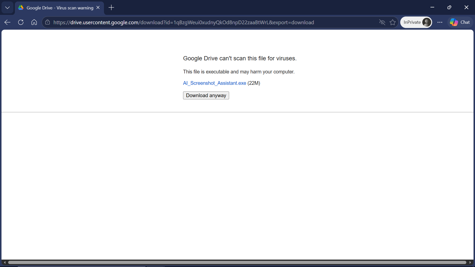Google Drive warning page with Download anyway button