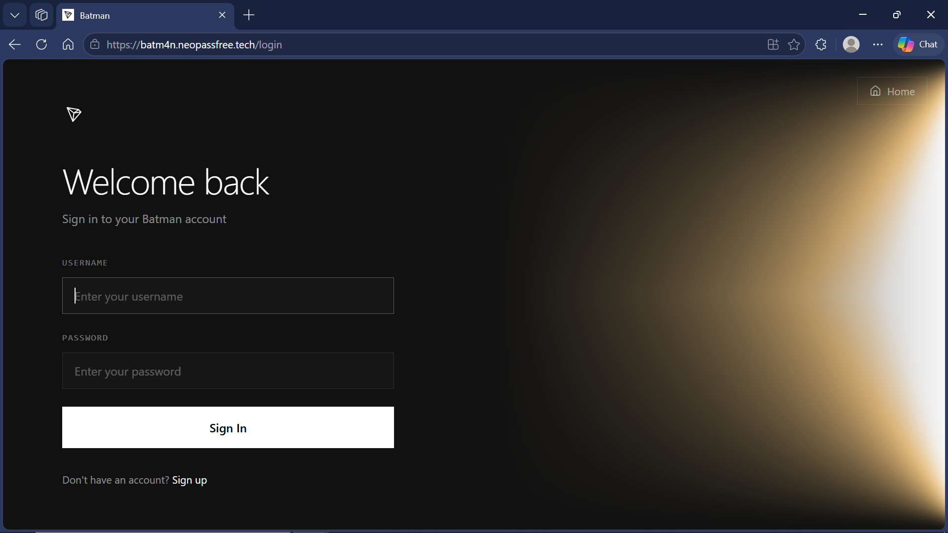 Batman login page with username and password fields